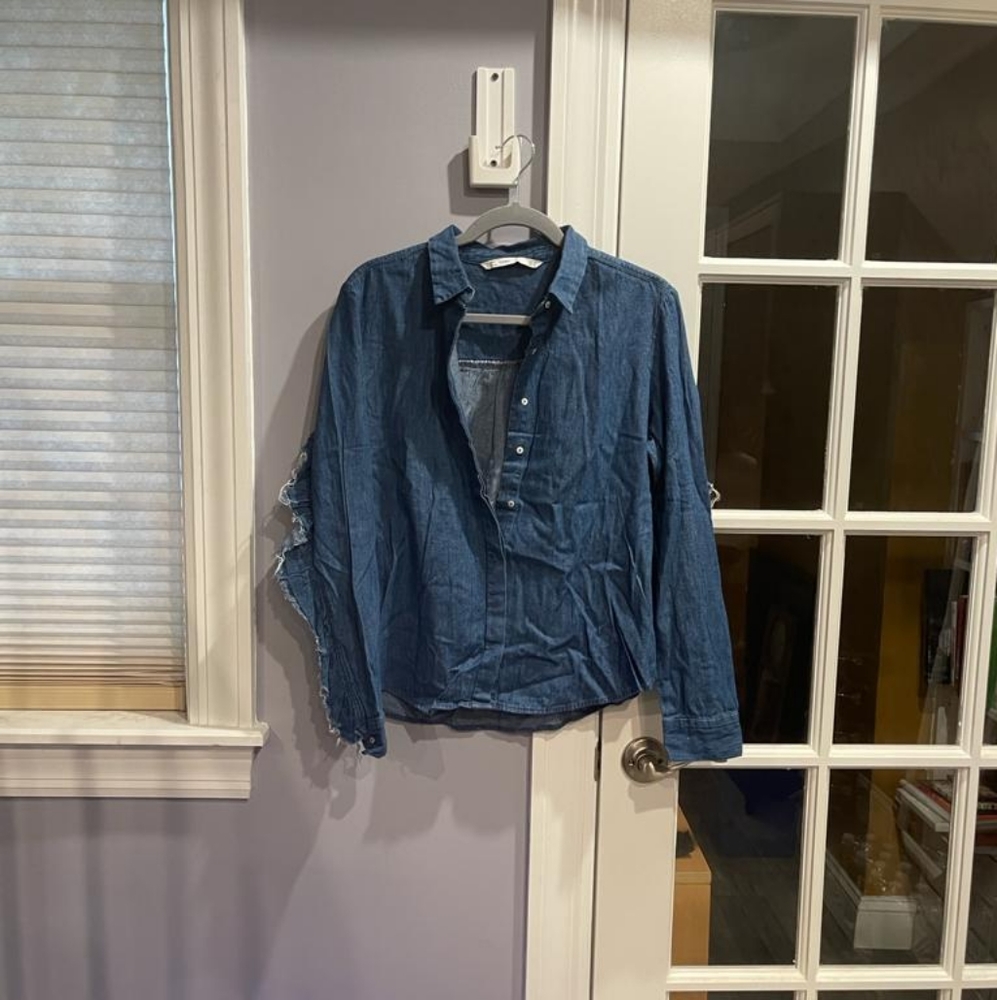 Zara Denim Button Down Collared Ruffle Shirt - image 4